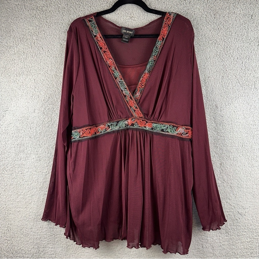 Lane Bryant Top Womens 22/24 Burgundy Blouse Festival Christmas Feminine Boho - Picture 2 of 10